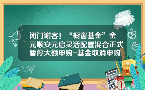 闭门谢客！“橱窗基金”金元顺安元启灵活配置混合正式暂停大额申购-基金取消申购